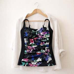 Hapari Tankini Top XL 16 Tropical Floral Ruched Slimming Black Swim